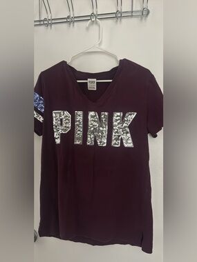 PINK Sequin Logo V-Neck Tee - Deep Plum
